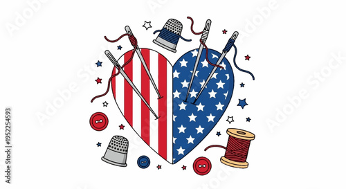 Patriotic sewing heart with threads needles and thimbles american flag design