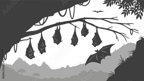 Silhouette of Bats Hanging from a Tree Branch in a Forest at Night for Halloween Background Design and Wildlife Illustration for Nature Projects and Mysterious Atmosphere Graphics