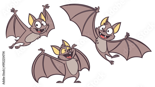 Cute Cartoon Bats Flying and Smiling Happy Halloween Vector Illustration for Children Party Decorations Greeting Cards and Educational Materials for Kids Classroom Wall Art Design