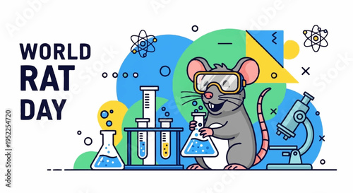 Curious lab rat in goggles examines beaker surrounded by science equipment and colorful graphics for world rat day