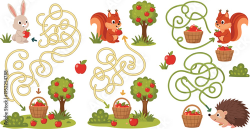 Animal Maze Puzzle Vector Set Featuring Rabbit, Squirrel, Hedgehog, Apple Tree, and Basket Paths for Kids Educational Game Activity