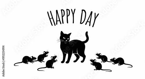 Black cat standing among group of mice on white background with happy day text