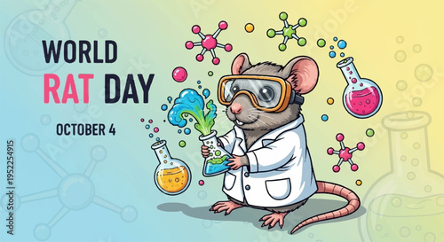 Cute rat in lab coat and goggles holds test tube on world rat day surrounded by colorful science equipment and molecules
