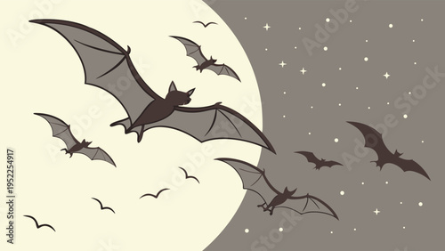Bats Flying at Night Under Full Moon for Halloween Party Invitations Spooky Autumn Seasonal Design Projects