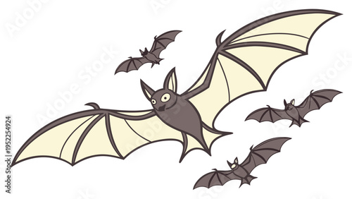 Flying Group of Cartoon Bats Soaring Through Night Sky Perfect for Halloween Party Invitations or Spooky Designs