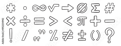 math symbols doodle hand drawn icon set. Outline drawing line clipart symbol collection