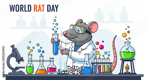 Laboratory mouse in lab coat conducting experiment with colorful chemicals and equipment on a table