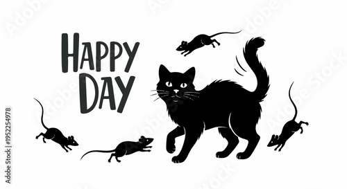 Black cat chasing mice on a white background with 'happy day' text playful halloween theme graphic