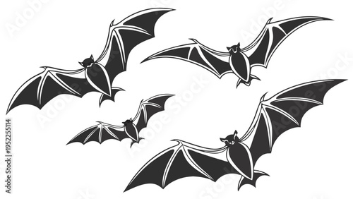 Flying Black Bats Swarm Silhouette Group Spooky Halloween Night Horror Design Element for Holiday Flyers and Gothic Decor