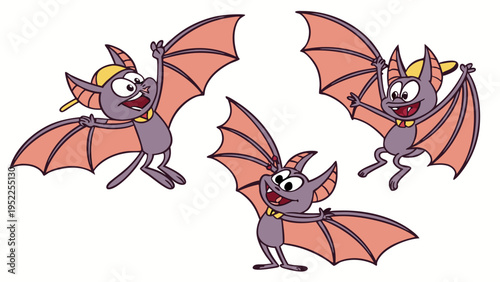Three Cheerful Cartoon Bats Flying with Open Wings for Halloween Party Invitations or Kids Education Material