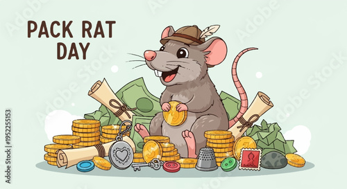 Happy cartoon mouse in brown hat holding treasure surrounded by gold coins and jewels with green background