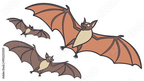 Three Flying Bats Group Soaring Through Night Sky for Halloween Holiday or Nature Illustration Design