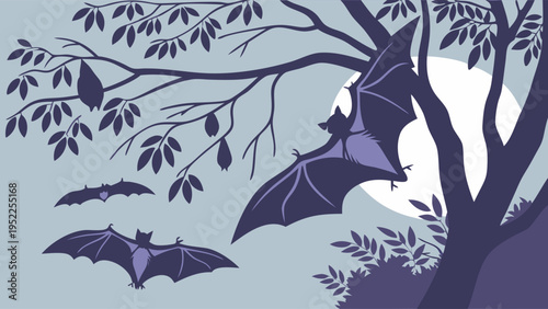 Flying Bats Silhouette Against Full Moon Night Sky for Halloween Web Design or Spooky Autumn Event Promotion