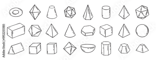 Three dimensional Hand Drawn Sketch Geometry Shapes. Doodle outline 3d geometry shapes. 
