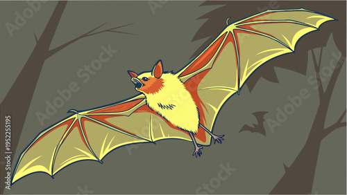 Vibrant Yellow and Orange Bat Flying Through Dark Forest Night for Halloween or Wildlife Design Projects