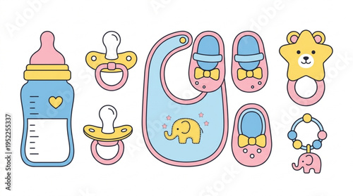 Baby essentials collection with bib shoes pacifiers bottle and toys on white background for nursery or childcare