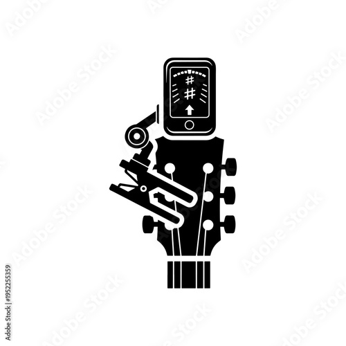 A black graphic depicts a guitar tuner integrated with a smartphone creating a striking silhouette