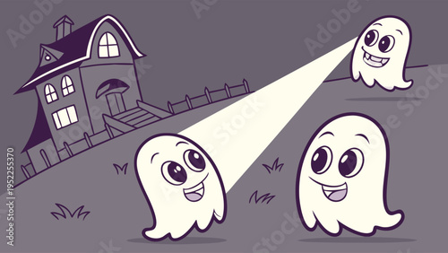 Spooky Ghosts Haunting Creepy House Yard Fun Halloween Illustration for Kids Party Invitations or Seasonal Web Design Projects