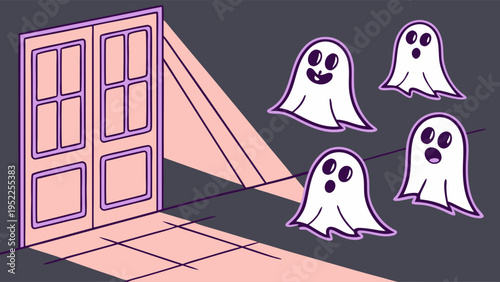 Spooky Ghost Characters Emerging From Dark Doorway for Halloween Party Invitation Web Banner Design