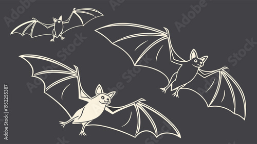 Four Stylized Outline Bats Flying Against Dark Background Perfect For Halloween Flyers Web Design Or Spooky Seasonal Graphics