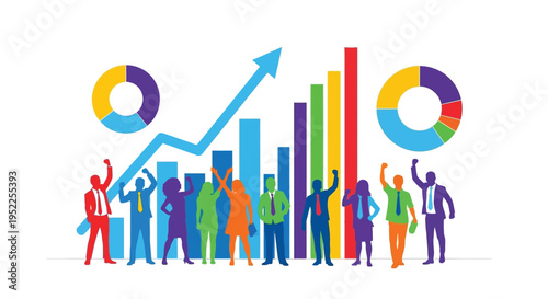 Business professionals celebrating success with financial growth charts and data