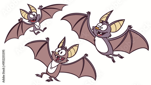 Three Cheerful Cartoon Bats Flying Joyfully for Halloween Party Invitations or Kids' Education Materials