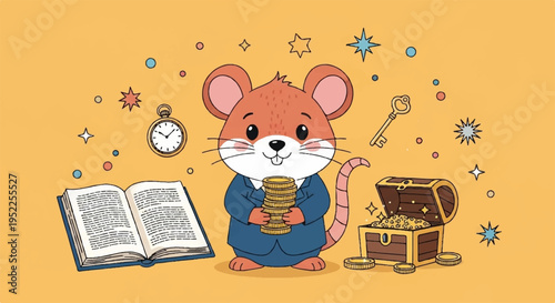 Whiskered mouse in blue shirt holding whisk surrounded by treasure and book on yellow background with sparkles