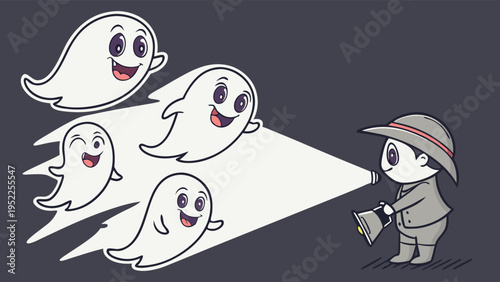 Cartoon Detective Shining Flashlight Discovering Friendly Smiling Ghosts for Halloween or Mystery Web Design Illustration