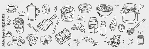 Hand Drawn Breakfast Doodles Set with Coffee, Croissant, Eggs, Toast, Milk and Bakery Elements, Morning Food Sketch Collection.