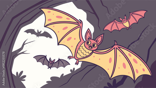 Cute Cartoon Bats Flying Out of Dark Cave Entrance for Halloween Party Invitations or Wildlife Education Design