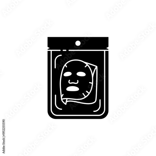 A white facial mask is displayed inside a transparent plastic pouch creating a stark silhouette