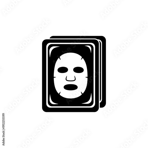 A stack of three rectangular cards displays a white facial mask in stark contrast silhouette