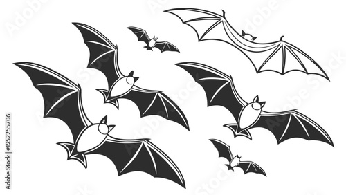 Flying Black Bats Group Silhouette Spooky Halloween Night Wildlife Design Element for Holiday Flyers and Web Graphics