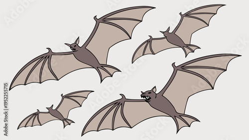 Five Brown Bats Flying Together in Dynamic Flight for Halloween or Nature Design Projects
