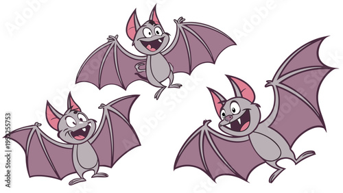 Three Cheerful Cartoon Bats Flying with Open Wings for Halloween Party Invitations or Kids Education Design