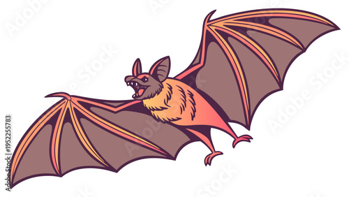 Flying Bat Spreading Wings for Halloween Horror Design Web Graphics Spooky Night Creature Illustration