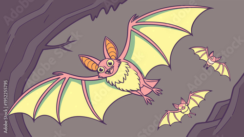 Pink Cartoon Bats Flying Out of Dark Cave for Halloween Party Invitations or Children's Book Illustration