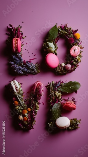 Vibrant love message crafted with flowers and colorful macarons set against a rich purple background.