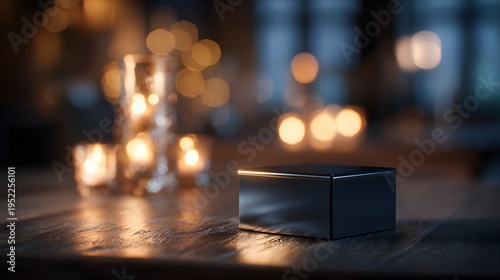 a dimly lit indoor setting at night, featuring a table with various items