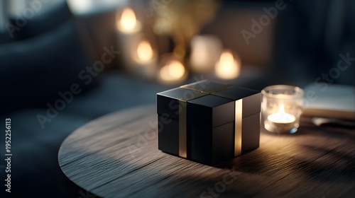 a small, modern looking cube shaped object placed centrally in front of a table with candles, creati