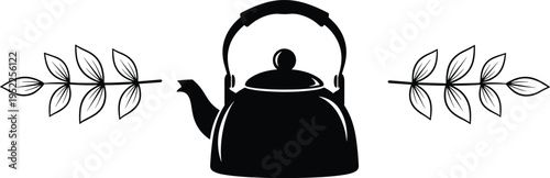 tea kettle with leaf branches illustration, herbal tea concept, natural beverage icon, vintage teapot silhouette isolated design