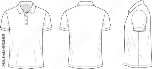  Flat vector illustration of polo shirt technical sketch, front back side views, collar placket design, short sleeves, fashion garment drawing