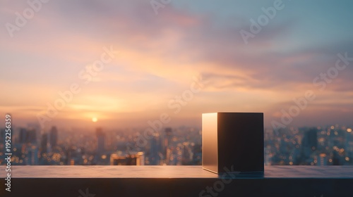 a tranquil cityscape at sunset, with a prominent view of an urban skyline
