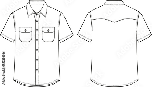  Flat vector illustration of short sleeve button up shirt technical sketch, front and back view, fashion design garment construction drawing