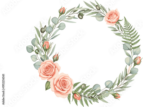 Elegant Floral Wreath Vector with Peach Roses and Green Eucalyptus Leaves for Wedding Invitations, Romantic Greeting Cards, Feminine Branding, and Spring Stationery Designs