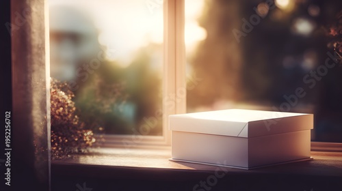 a serene indoor setting with a focus on a small tabletop with an open box