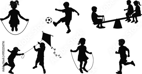  Flat vector illustration of children silhouettes, outdoor playground activities, jumping rope, soccer, kite flying, running, seesaw play, childhood fun