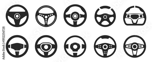 Car steering wheel icon set, vector collection of automotive control symbols in line and solid styles, isolated on white background, modern transport icons for UI, app design, and dashboard graphics