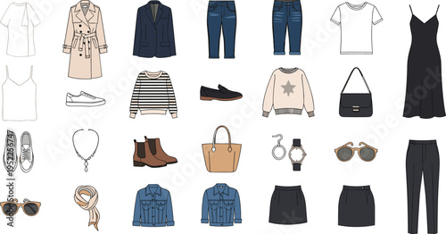  Flat vector illustration of capsule wardrobe clothing collection, versatile fashion outfits, tops, outerwear, bottoms, dresses, shoes, bags, accessories