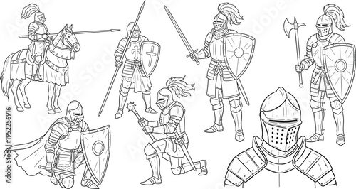  Flat vector illustration of medieval knights, armor, shields, swords, lance, mace, poleaxe, horse rider, helmet close-up, historical battle design